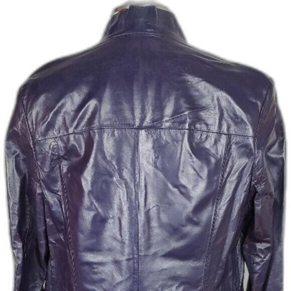 Retro Danier Purple Full Length Leather Coat  Lined Stand-up Collar Size 12 Y2K - Picture 10 of 13
